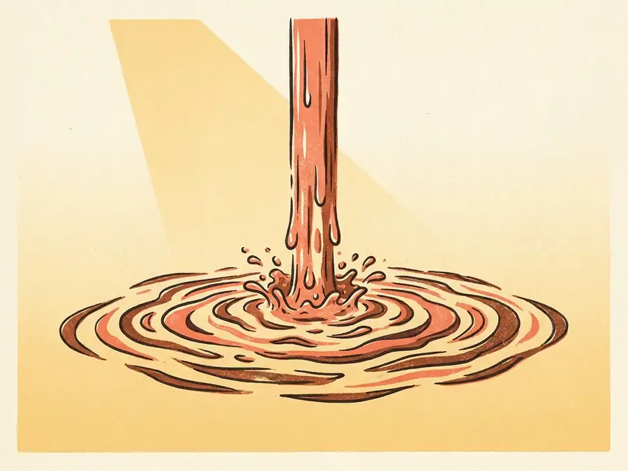 A single stream of clear water falling through a shaft of light, ripples spreading where it lands.